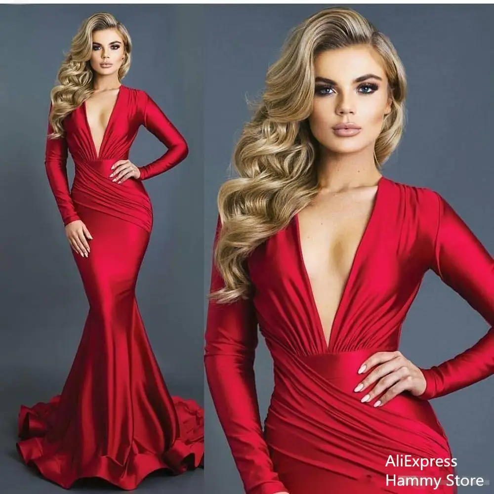 

Sexy Long Red Mermaid Evening Dresses Deep V-neck Long Sleeves Spandex Formal Dress Evening Gowns Prom Dress Vestidos Custom Mad