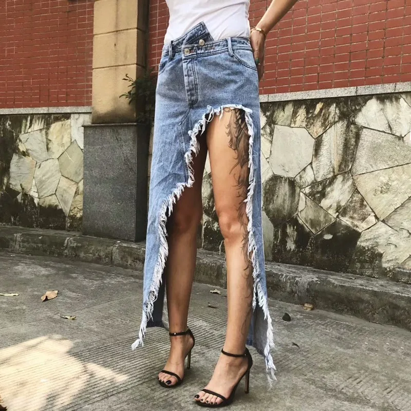 

Women's Cowboy Skirt New Chic Tassel Denim Blue Fashion High Street Irregular High Waist Straight Women Skirt 2021 Summer Casual