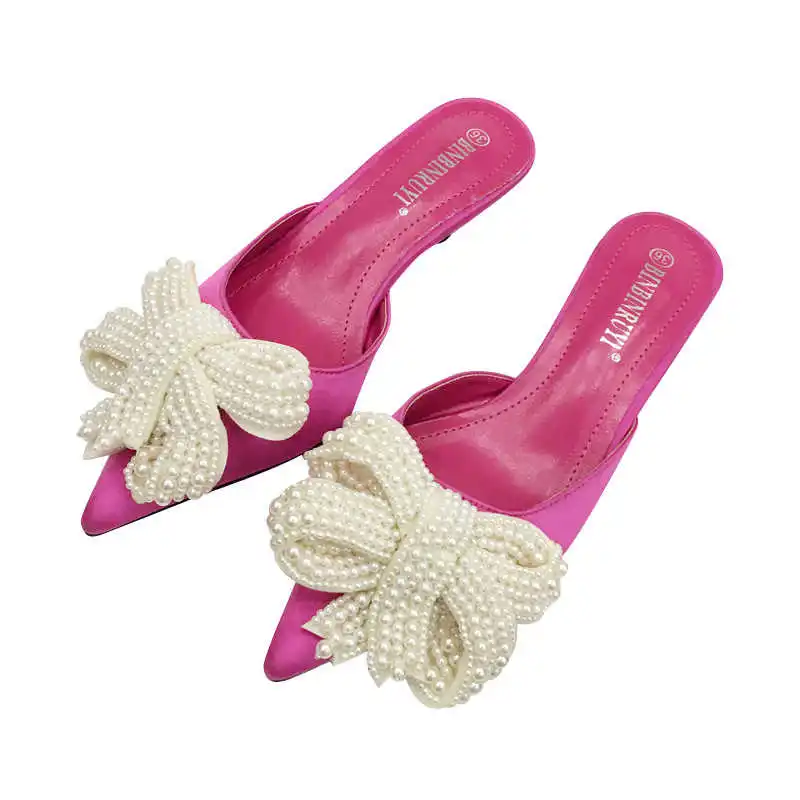 

2019 new Mid Heel Sandals Silk Satin Beaded bow half drag women's pointed thin heel slippers