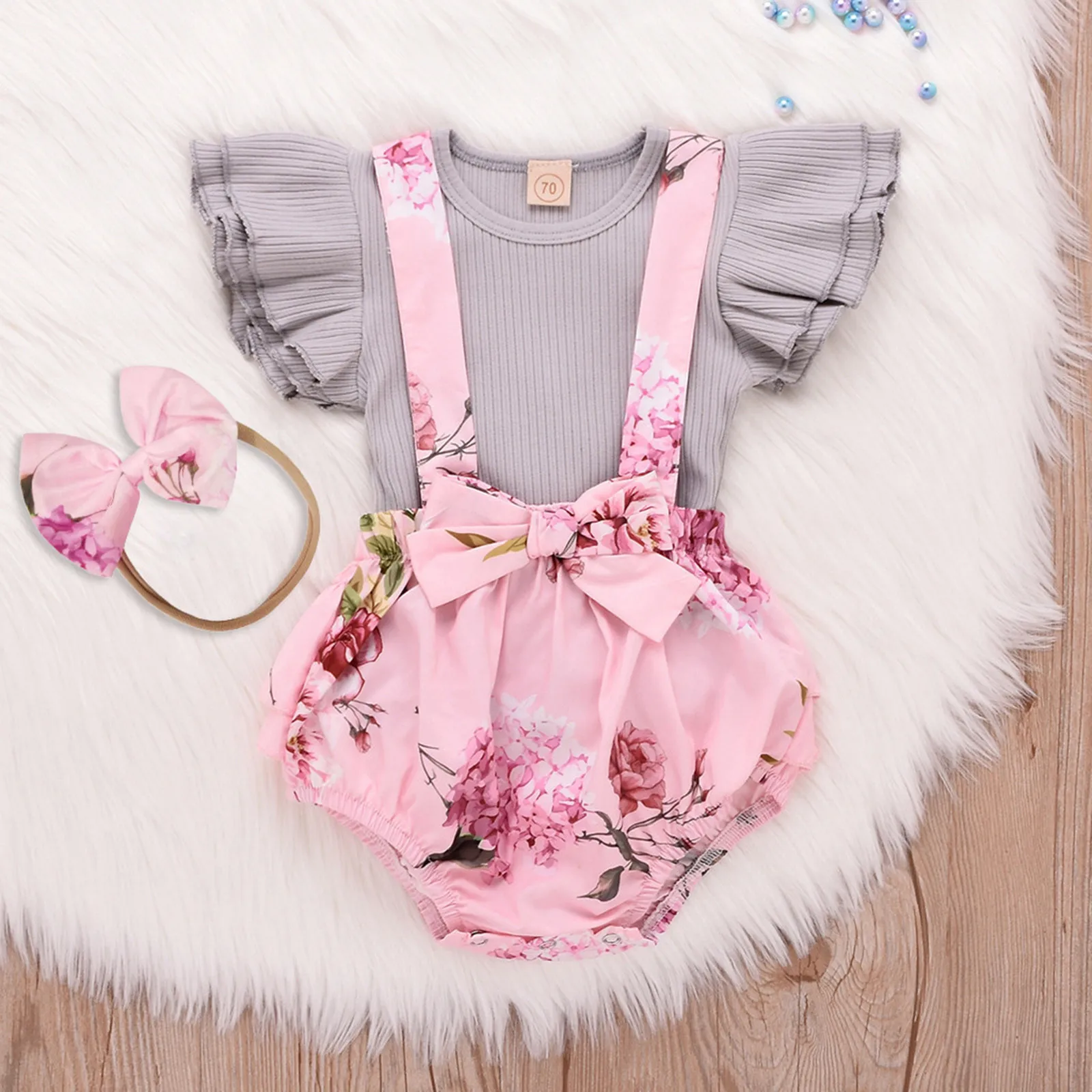 Toddler Infant Baby Girl Clothes Floral Print Bow Suspender Skirt Princess Dress Fly Sleeve Ruffled Romper Outfits 2pcs 0m-24m