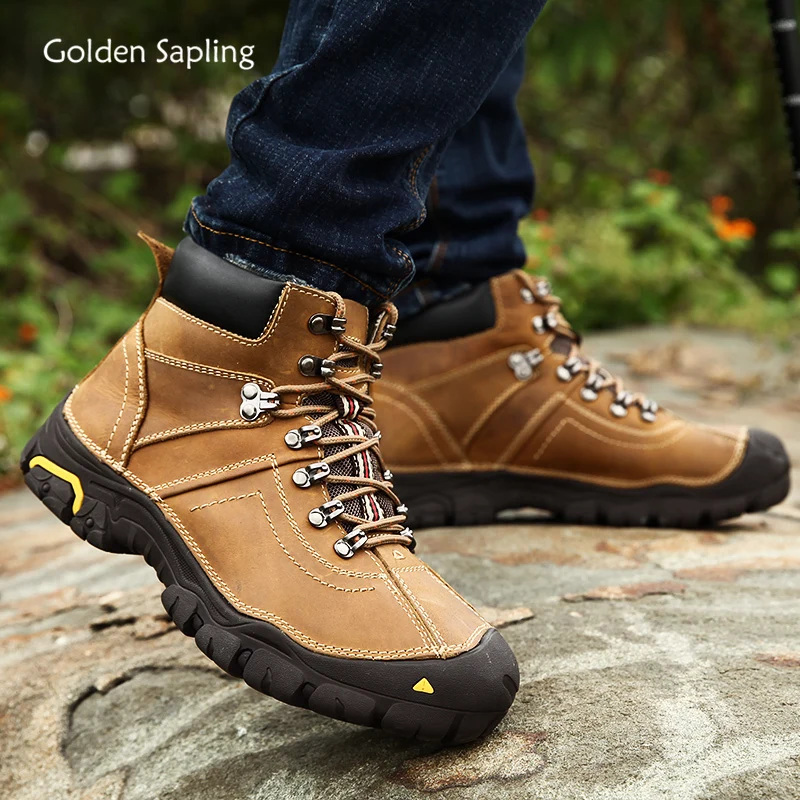 

Golden Sapling Genuine Leather Winter Shoes Fashion Outdoor Men's Boots for Trekking Warm Plush Comfortable Platform Men Boot