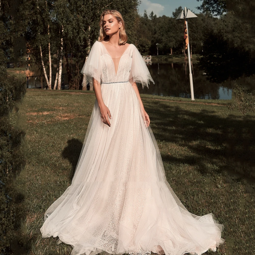 

Charming Beach Wedding Dress White A-Line V-Neck Batwing Sleeves Beaded Belt Backless 2021 Bride Gowns Vestido De Noiva