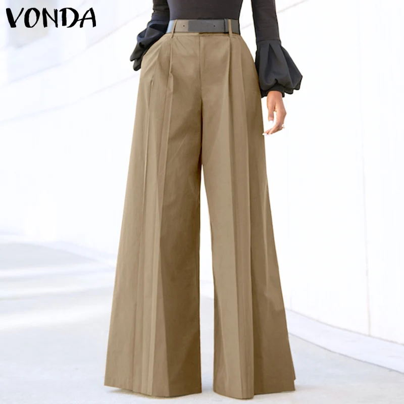 

VONDA Women Pants 2021 Casual Wide Leg Pants Female Trousers Casual Solid Color Office Pants High Waist Female Pantalon Femme