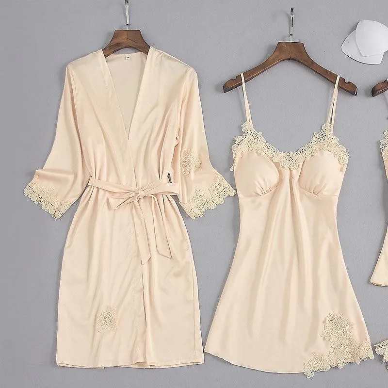 

Summer New Lace 2PCS Nighty&Robe Suit Sleepwear Casual Satin Nightgown Lady Kimono Robe Bathrobe Gown Nightdress Home Clothes