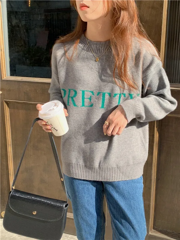 

Женский трикотажный свитер с принтом, свободные зимние длинные пуловеры оверсайз, уличная одежда