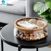 creative glass nuts and dry fruits storage box container double layer candy storage box with wooden lid for home kitchen supply