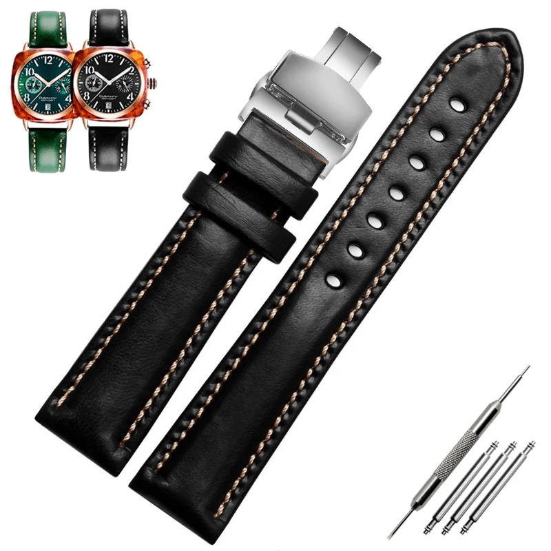 Black Red Green Genuine Leather Bracelet Color Watch Strap Butterfly Clasp Watchband Sized in 18mm 20mm 21mm22mm watch band images - 6