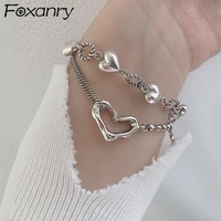 foxanry 925 stamp bracelets for women trendy elegant charm vintage hollow love heart punk party jewelry birthday gifts