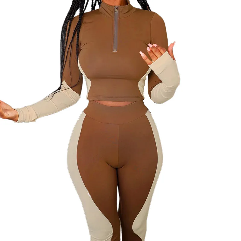 

92K20S10194 Spring and Autumn New Women's fashion color matching stand collar tight sports suit two piece set women