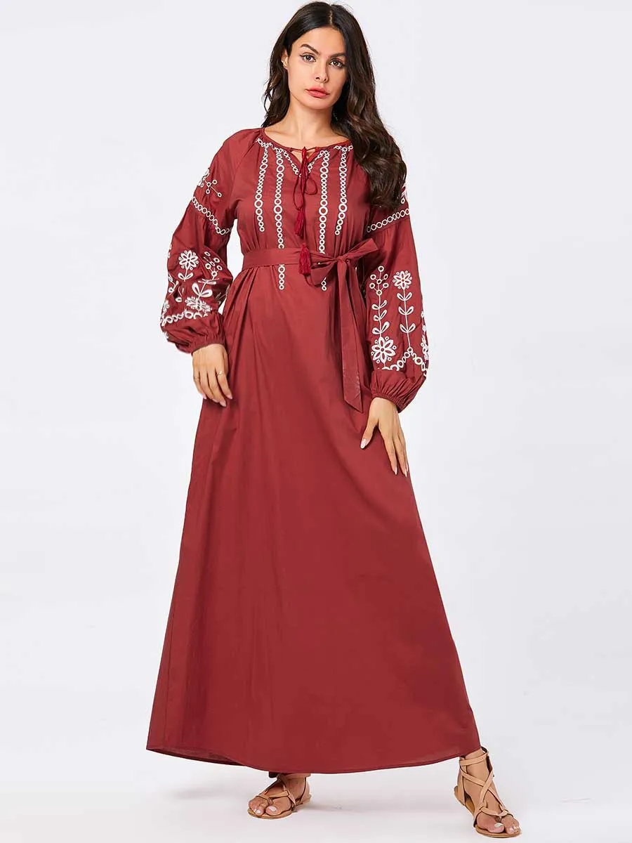 

Muslim Dress Gown Fashion Simple Large Size Autumn Red Embroidered Puff Sleeve Belt Musulmane Femme Dress