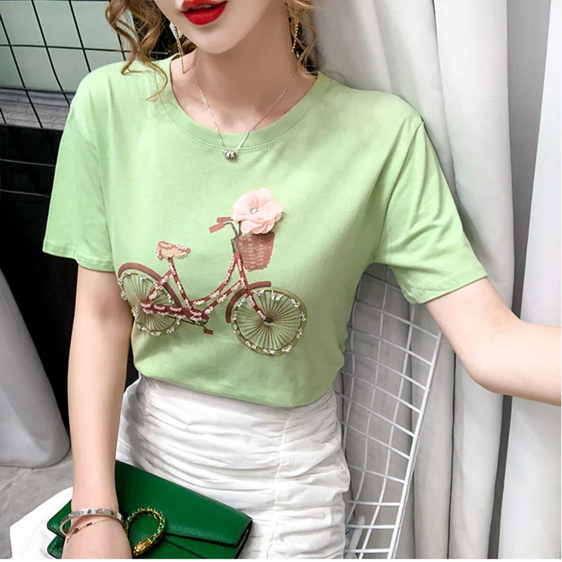 Летний модный новый бриллиантовый короткий рукав футболка женская одежда тонкая