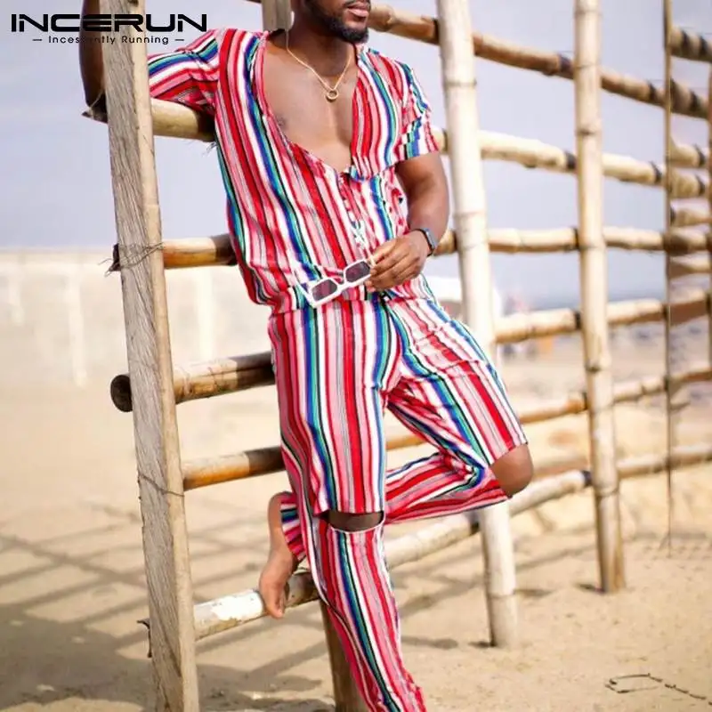 

Fashion Striped Men Sets Streetwear V Neck Short Sleeve Shirt Long Pants 2021 Vacation Casual Men Suits 2 Pieces S-5XL INCERUN