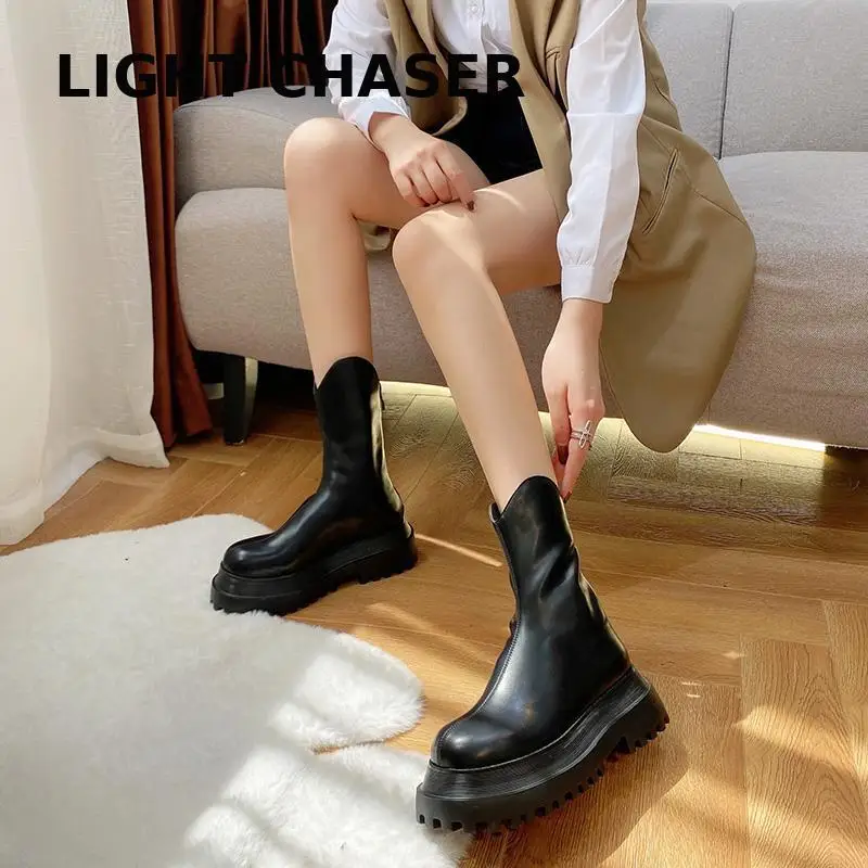 Women Boots Ladies Shoes Slip On Mid Calf Boots Platform Soft Pu Leather Long Boot Footwear Woman Autumn Winter Knight Bootties