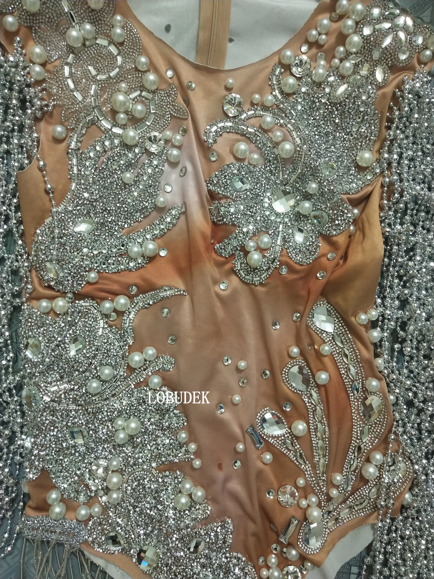 Silver Rhinestones Pearl Bodysuit Beading Sleeve Fashion Women Singer Dancer DJ Concert Stage Wear Birthday Party Dance Costume