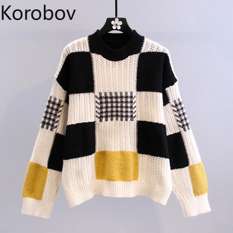 

Korobov Japanese Hit Color Plaid Pullovers Sweaters 2021 New Vintage Streetwear Oversize Sueter Mujer Korean Winter Basic Jumper