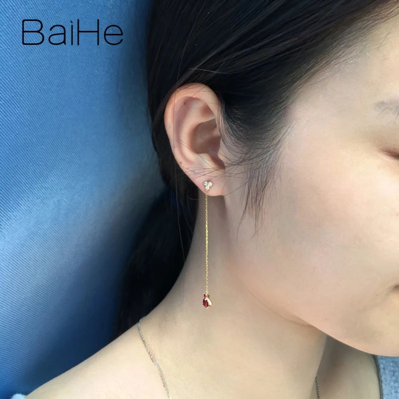 BAIHE подлинные однотонные 18k желтое золото груша Рубин длинные бриллианты