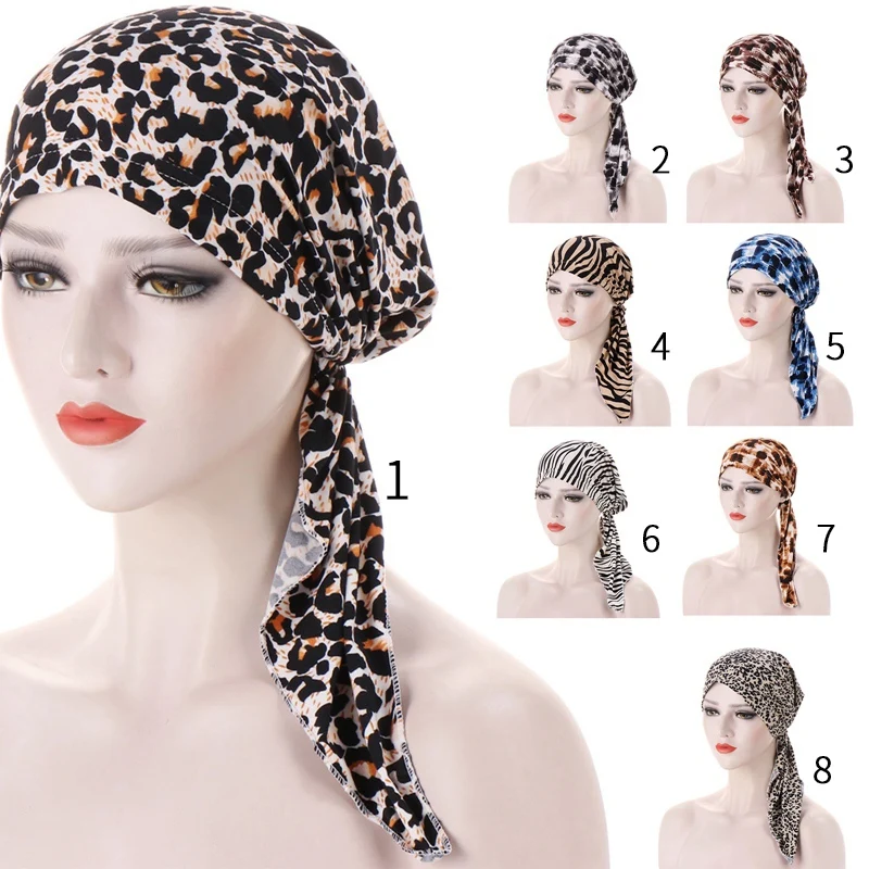 

2021 NEW Women Muslim Fashion Hijab Cancer Chemo Leopard Print Hat Turban Head Cover Hair Loss Scarf Wrap Pre-tied Bandana Tail