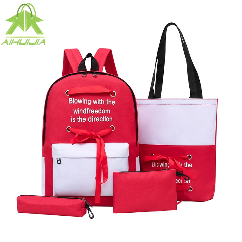 

4Pcs/set Girls School Backpacks Nylon Waterproof Letter Schoolbag For Teenage Girls Student Book Bag Lady Travel Casual Backpack