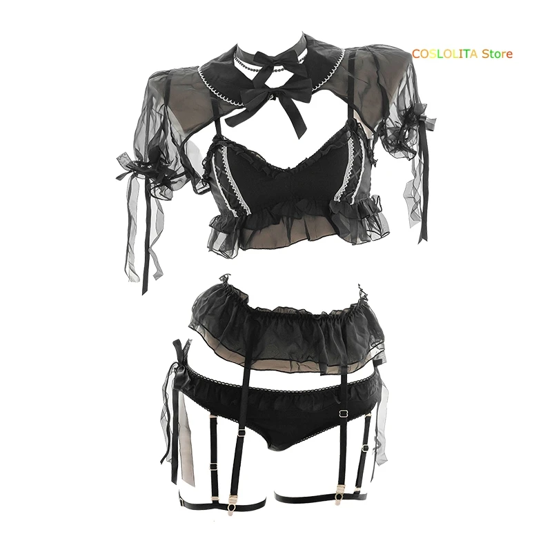

Women Black Solid color Sexy Maid Sleepwear Underwear Sets Girls Bowknot Princess Doll collar Transparent Thin Leg ring Cosplay