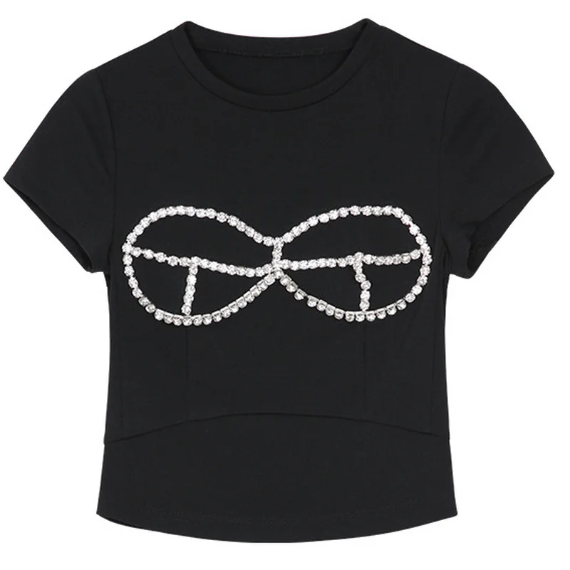 

Chic Heavy Diamond Patchwork Design Women T Shirt Casual Solid O Neck Short Sleeve TShirts Summer New Fashion Tide Tee 14A420