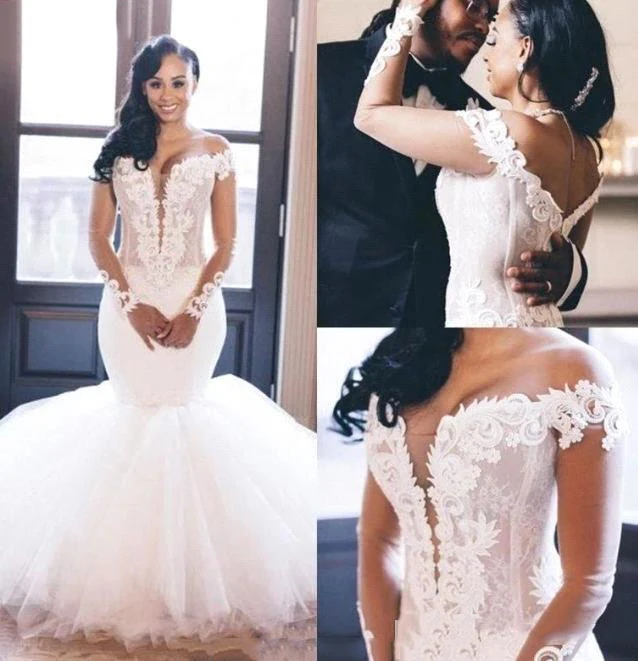 

2020 New African Wedding Dresses Mermaid V Neck Off the Shoulder Long Sleeve Ruffles Appliques Bridal Gowns Vestido De Noiva