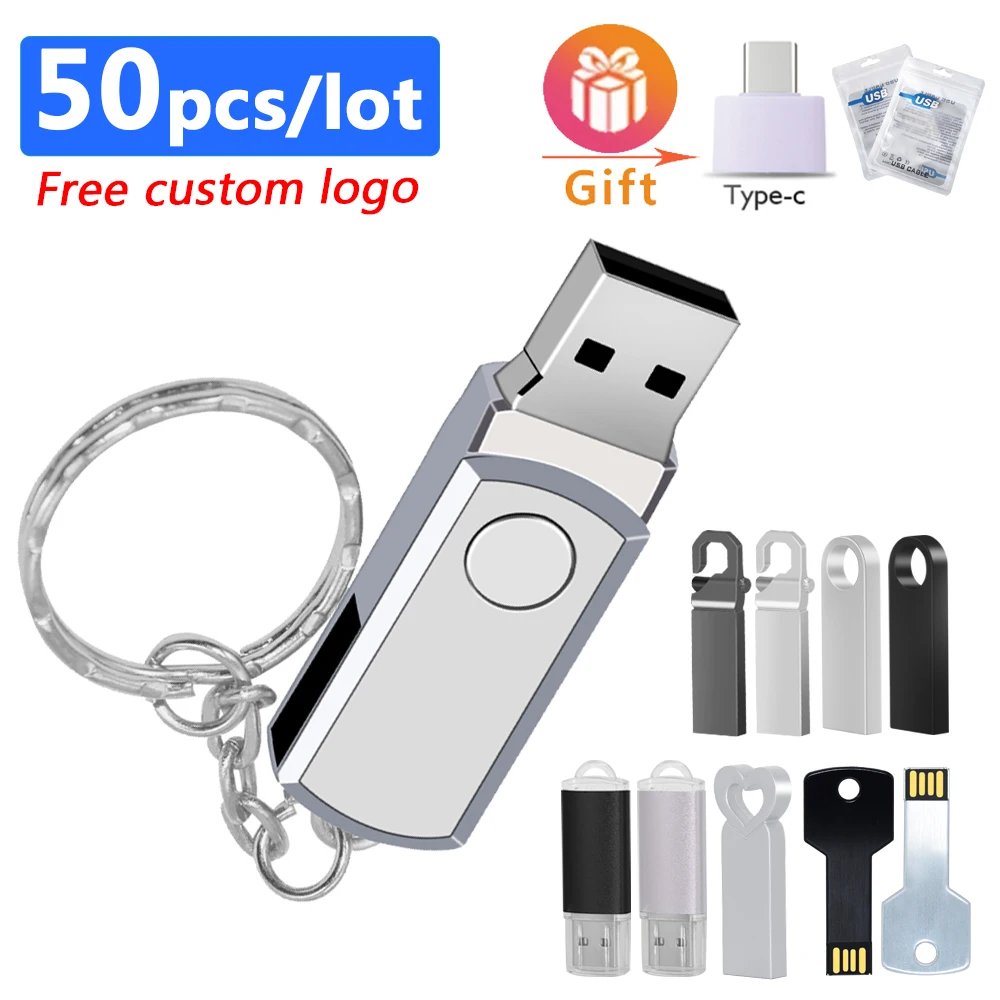 50pcs/lot USB 2.0 pen drive High speed флешка usb 128GB 64gb 32gb 16gb Waterproof memory stick Metal  For photography  gift