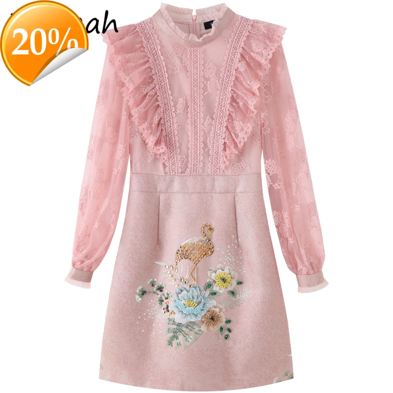 

Spring Women Fashion Runway Party Midi Dress Lateral Shell Peaks Crystal Pearls Elegant ladies A-line Clothes