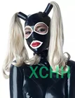 Латексные капюшоны с париками на заказ, Фетиш-маска, капюшон ручной работы, натуральные капюшоны Zentai, женские черные головные уборы с открытыми глазами