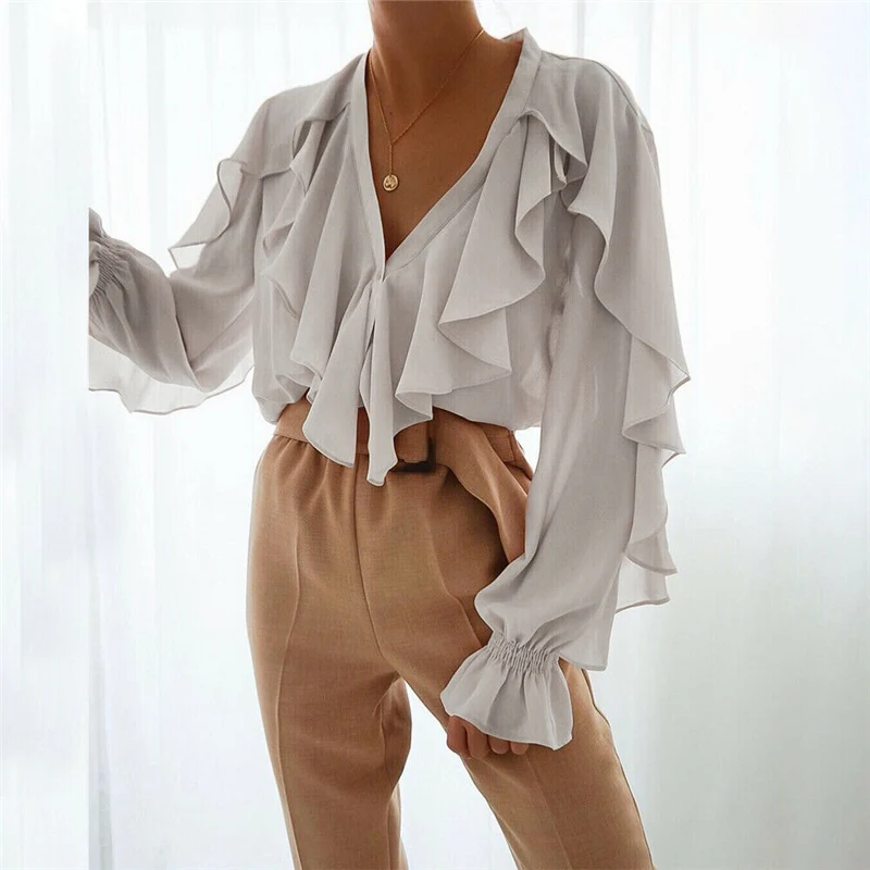 

Chic Elegant Ruffles Women Blouse V-Neck Long Sleeve Vintage Shirt Blusa 2019 Spring Summer Solid Slim Fashion Tops Ladies
