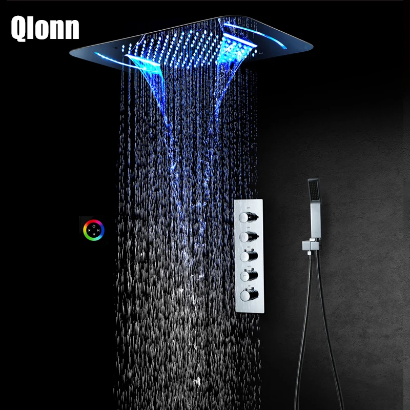 

Душевая система Qlonn, встраиваемый потолочный светодиодный насадка для душа «Водопад», смеситель для ванной с изменяющимся цветом, с термост...