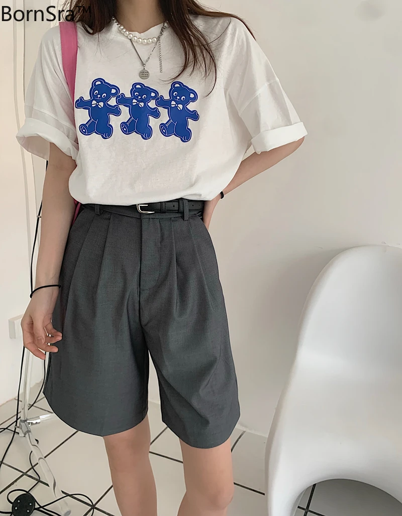 

Bornsra 2021 Loose Wide-legged Five Minutes Women Pants Pockets Knee Length Summer High Waist Woman Shorts