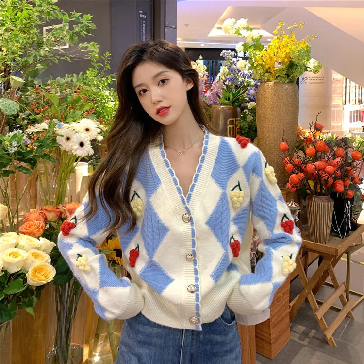 

2021 Vintage Fashion Diamond V-neck Single Braested Knit Cardigan Tops For Women Sweet Kawaii Loose Long Sleeve Sweater Jacket