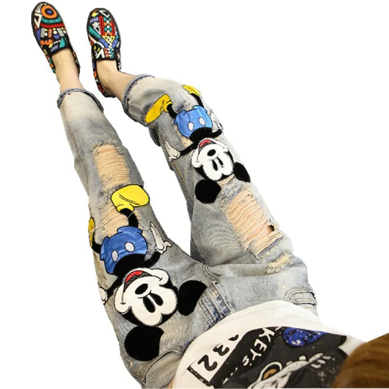 

Cartoon embroidery jeans ladies summer thin jeans for women oversized hip hop streetwear hole jeans button leisure jeans women