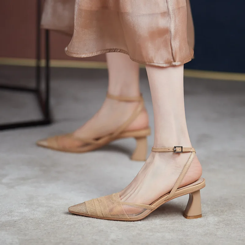 

Lace Denim Women's High Heel Sandals Female Shoe Buckle Strap 2021 Summer High-heeled Block Girls New Comfort Beige Closed Low C