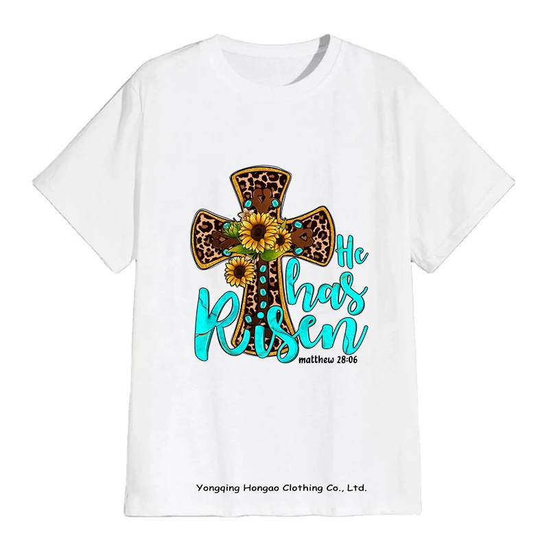 

Wholesale Women Faith T Shirt He Has Risen Matthew 28:06 Print Leopard Sunflower Cross 100% Cotton Womens Plus Size Tops