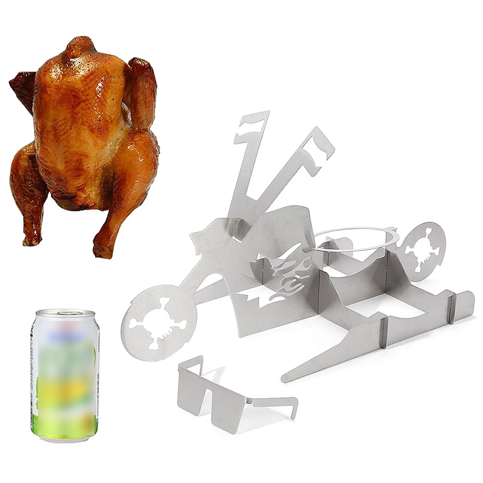

Portable Bbq Stainless Steel Rack With Glasses Motorcycle Chicken Stand Beer Indoor Outdoor Use Camping Accessories Bbq Tools