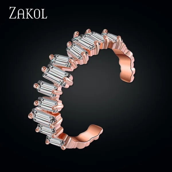 ZAKOL, европейский стиль, регулируемые кольца, талисманы, Женские Ювелирные изделия, уникальный прямоугольник, кубический циркон, кольца на палец для свадьбы, FSRP2003 - Цвет основного камня: Rose Gold Color