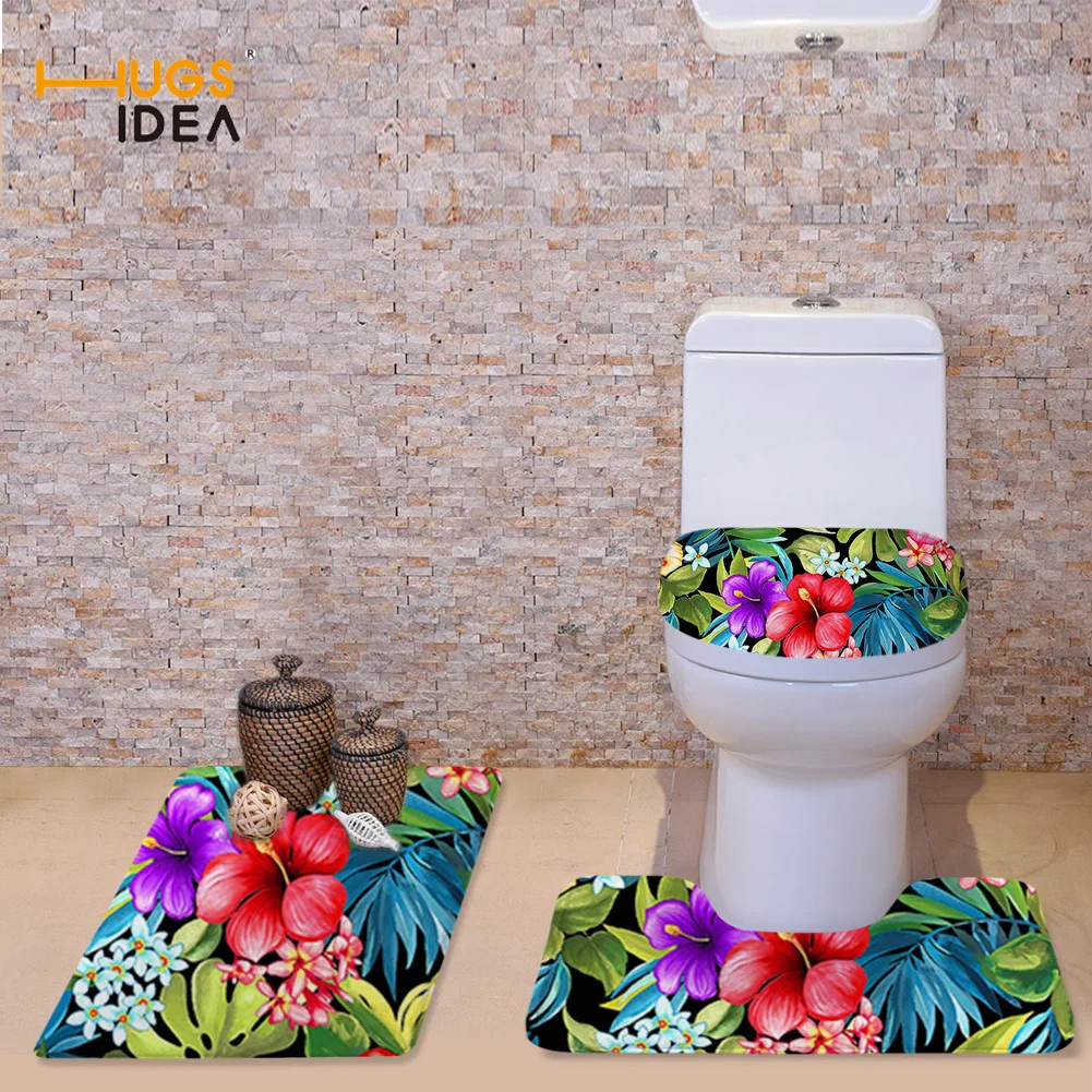 

HUGSIDEA Soft Flannel Contour Rug Pedestal Mat And Toilet Lid Cover Polynesian Hibiscus Flower Vintage Design Cute Toilet Seat