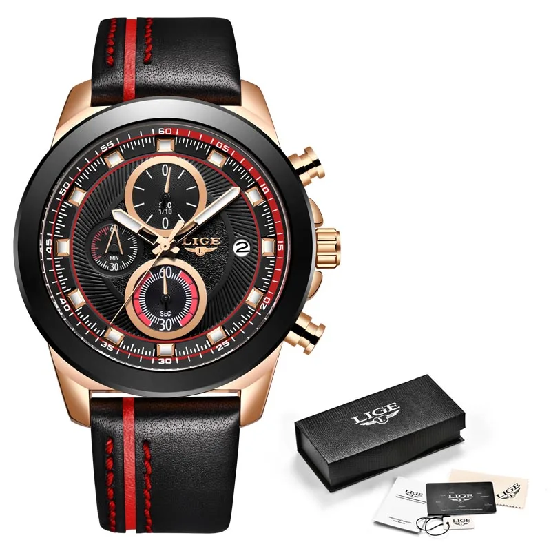 Rose gold red L LIGE мужские часы Топ бренд класса люкс водонепроницаемые Модные часы кварцевые часы Мужские Спортивные Хронограф reloj hombre дропшиппинг - Цвет: Rose gold red L