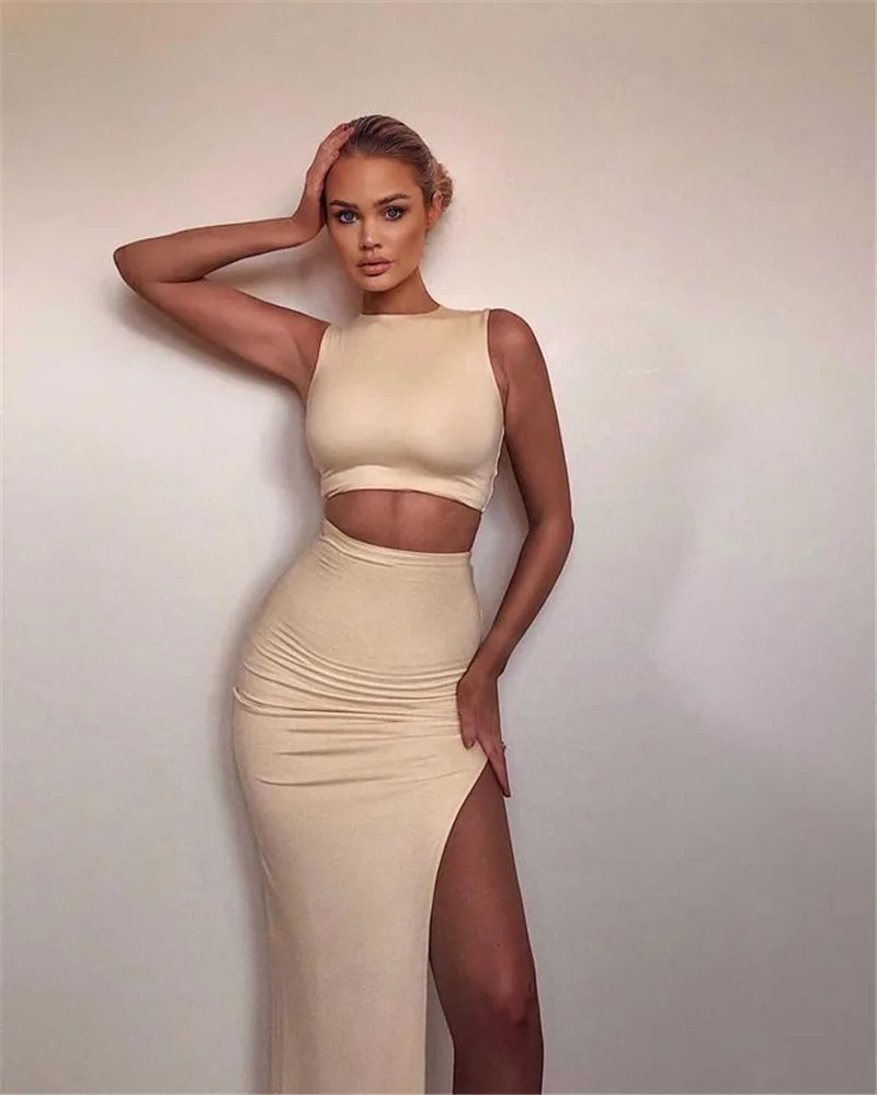 

Two Piece Set Women O-Neck Sleeveless Crop Top Sexy High Split Irregular Dress Sets Casual Beach Long Skirt Solid Summer Dress
