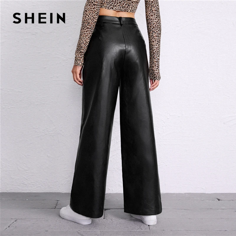 

SHEIN Black Zipper Fly Slant Pocket PU Palazzo Pants Women Bottoms 2021 Spring High Waist Ladies Wide Leg Casual Long Trousers