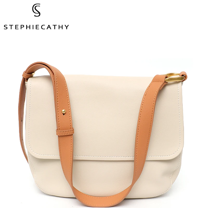 

SC Fashion Women Genuine Cowhide Shoulder Bag Simple Flap Crossbody Purse Contrast Color Female Casual Leather Messenger Handbag