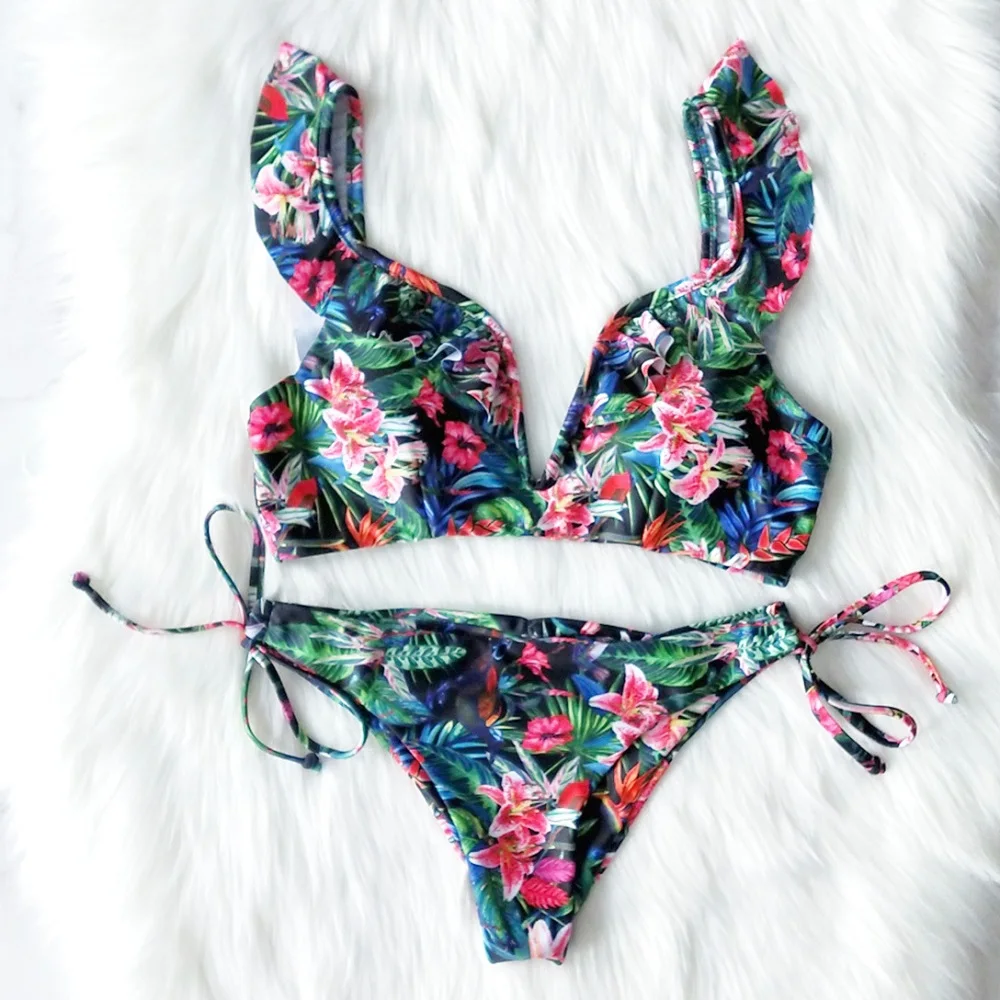 

Women Sexy V Push Up 2 Pcs set bikini 2020 New Ruffle Floral print Brazilian Bikini Sets Female summer Beach Swimsuit Bath Suit