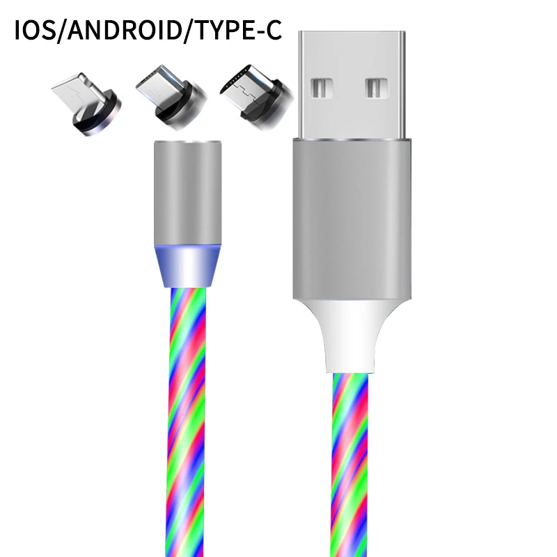 3 in 1 Color LED streamer magnetic USB cable for iphone huawei samsung xiaomi redmi phone charger Type-C MicroUSB charging cable