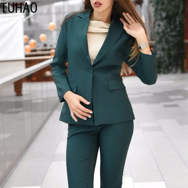 

Брючный костюм TUHAO TD626 женский деловой, комплект из 2 предметов, блейзер с длинным рукавом и брюки-карандаш, пиджак с отложным воротником в оф...