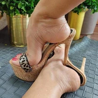 sexy peep toe platform heels mules slippers women leopard grain stiletto sandals ladies fashion slingback slip on shoes pumps