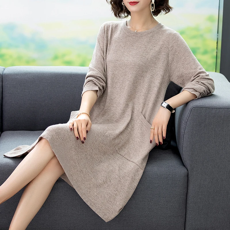 Женское кашемировое платье-свитер повседневное длинное вязаное шерстяное