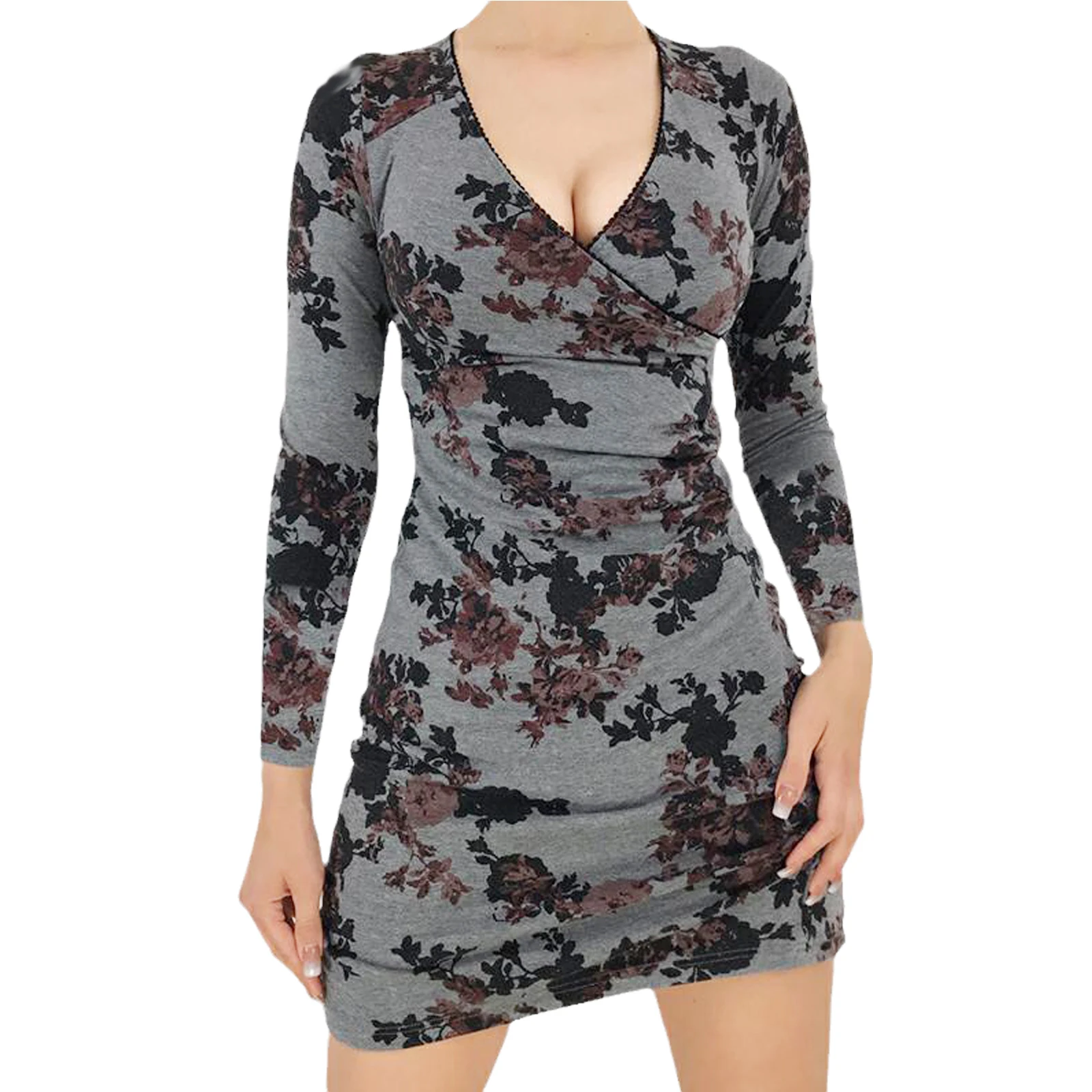 

Women Close-fitting Dress, Charcoal Floral Printed Pattern Plunging Neckline Long Sleeve S/ M/ L