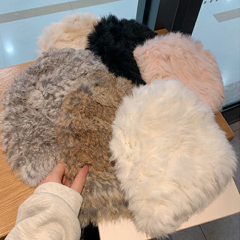 

Winter Russian Women Faux Rex Rabbit Fur Hats Handmade Knitted Rex Rabbit Fur Cap Warm Quality Rabbit Fur Beanies Hat