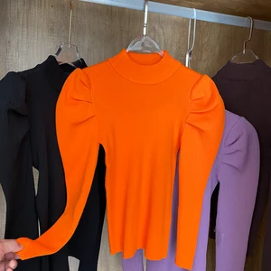 Женский вязаный свитер с высоким воротником, однотонный эластичный уличный свитер с длинным рукавом, винтажный буф, зима 2019